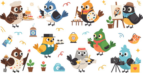 Fototapeta premium Cute Cartoon Birds Set with Creative Hobbies Activities Painting Cooking Photography Gardening and Artistic Characters Vector Illustration Collection