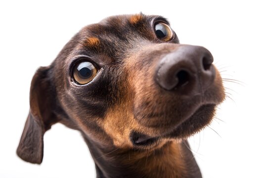 A curious Vizsla dog looks directly at the camera with big eyes and a wet nose