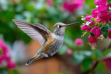 Fototapeta premium Hummingbird Hovering Near Pink Flowers