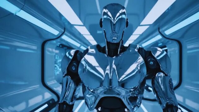 Advanced metallic humanoid robot marches forward inside futuristic glowing blue science fiction spaceship corridor motion footage