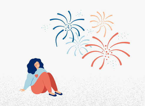 happy girl watches fireworks. Smiling woman enjoys life. Positive thinking and outlook. Good Mental health concept. Vector illustration