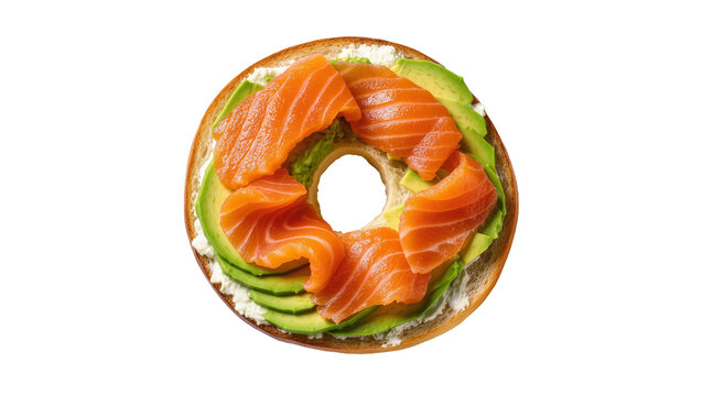Isolated bagel with cream cheese, fresh avocado slices, and delicious smoked salmon appetizer.