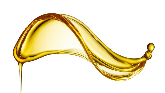 Isolated flowing golden liquid splash, clear yellow cooking oil or engine lubricant pour