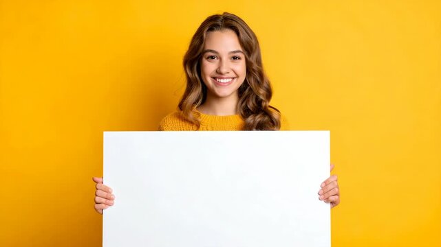 Happy young woman holding a blank white horizontal poster board for mockup against a bright yellow background
