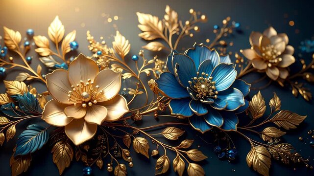 Elegant blue and golden metallic flowers with ornate leaves and shimmering light on dark blue background