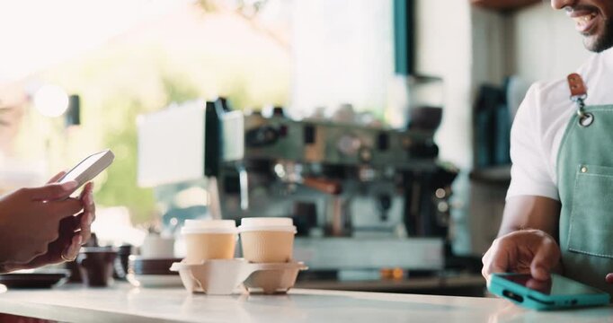 Hands, smartphone and pos with waiter at coffee shop with easy payment, click and paperless transaction. People, server and customer experience for drinks, phone and fintech app with barista at cafe