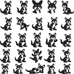 Fototapeta premium Hand Drawn Cute Kangaroo Character Icon Set – 25 Black Solid Animal Icons.