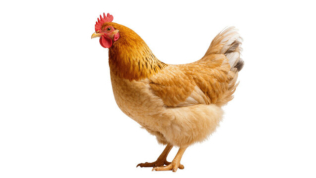 Isolated hen standing gracefully, farm animal with vibrant golden feathers, poultry looking right