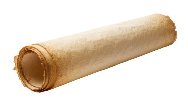 Isolated old rolled parchment paper scroll with aged texture and antique appearance