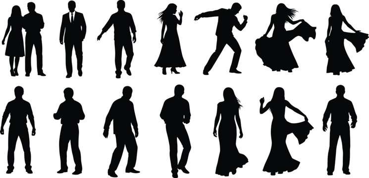 Dancing people silhouettes collection, men and women figures in motion, party dance poses, black human shapes isolated on white background, dynamic lifestyle concept