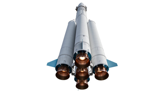Isolated powerful multi-engine space rocket ready for launch, showcasing advanced propulsion technology