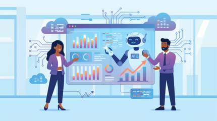 Obraz premium AI-powered business analytics and data visualization vector illustration with diverse professionals interacting with a robot and dashboard