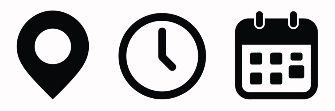 Time address and date icon set with clock map pin and calendar symbols in flat vector style