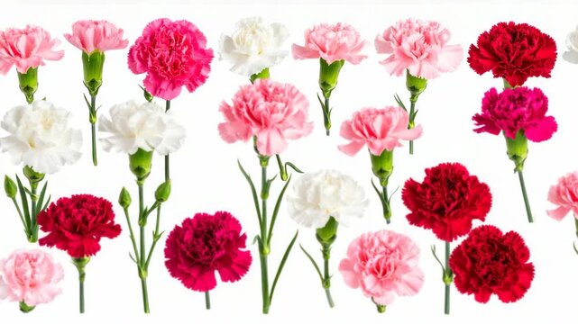 Row of blooming red white and pink carnation flowers with buds and green leaves on an isolated white background