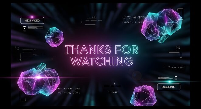 Ambient cyberpunk outro with holographic 'Thanks For Watching' message, floating abstract geometric diagrams, and a vibrant neon teal and violet glow, ideal for video endings