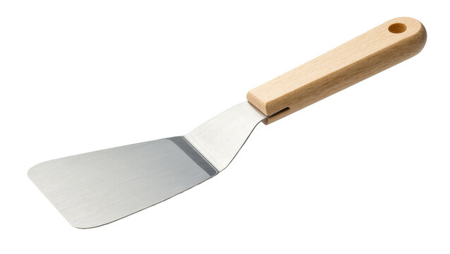 Isolated stainless steel spatula with wooden handle, essential kitchen utensil for cooking and serving.