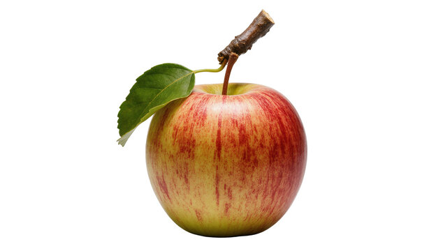 Isolated ripe red and yellow striped Gala apple with a green leaf and natural stem