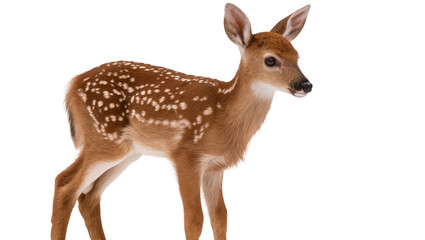 Obraz premium Isolated adorable baby deer, looking right, side view, cute fawn with white spots