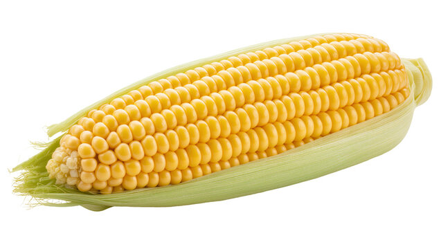 Isolated fresh ear of yellow corn partially husked with green leaves, healthy ingredient