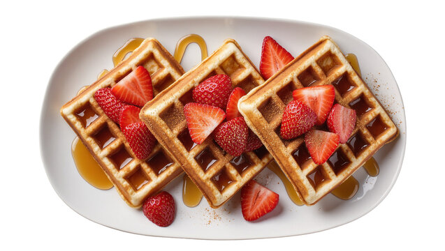 Isolated plate of golden waffles with fresh strawberries and sweet maple syrup