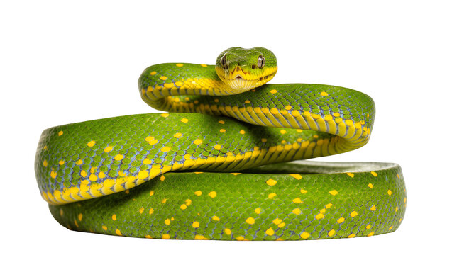 Isolated vibrant green tree python with yellow markings coiled, looking directly at camera