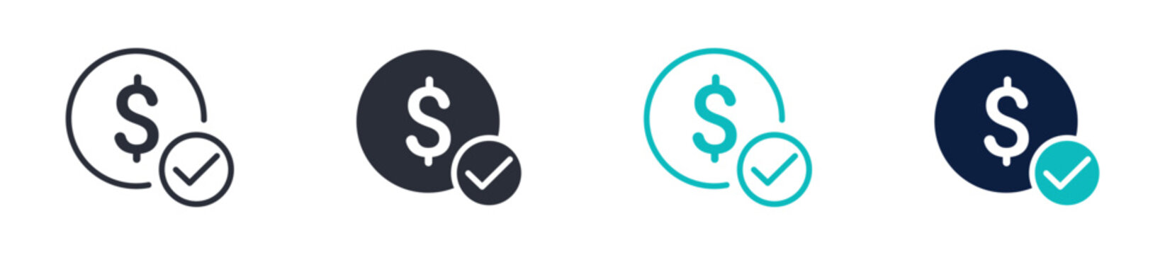Payment approved icons, dollar with check mark symbol, successful transaction and financial approval icon in line and silhouette style, vector illustration