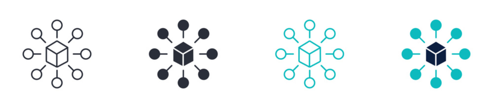Logistics network icons, delivery box with connection nodes symbol, shipping system and supply chain icon in line and silhouette style, vector illustration