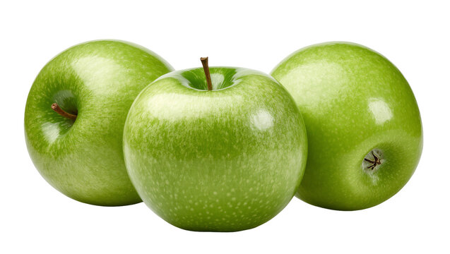 Isolated trio of fresh, vibrant green Granny Smith apples for healthy eating.