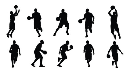 Fototapeta premium A set of black silhouette illustrations of men playing basketball