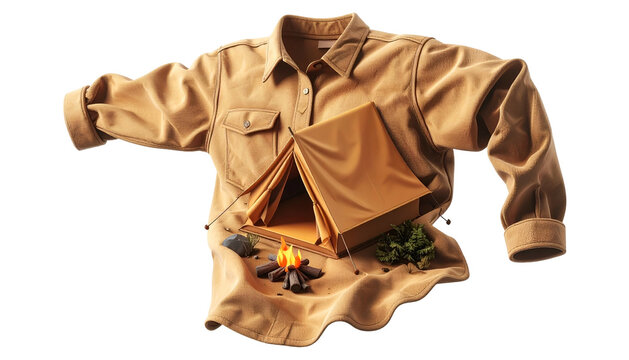 Shirt tent campfire design; beige apparel camping scene; outdoor fashion concept
