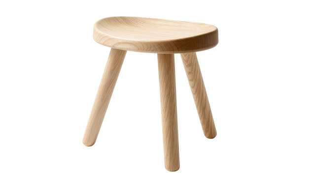 Isolated elegant light wooden three-legged stool with a minimalist and ergonomic seat.