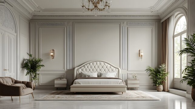 Luxurious neoclassical bedroom interior features tufted headboard and tall arched window providing natural light