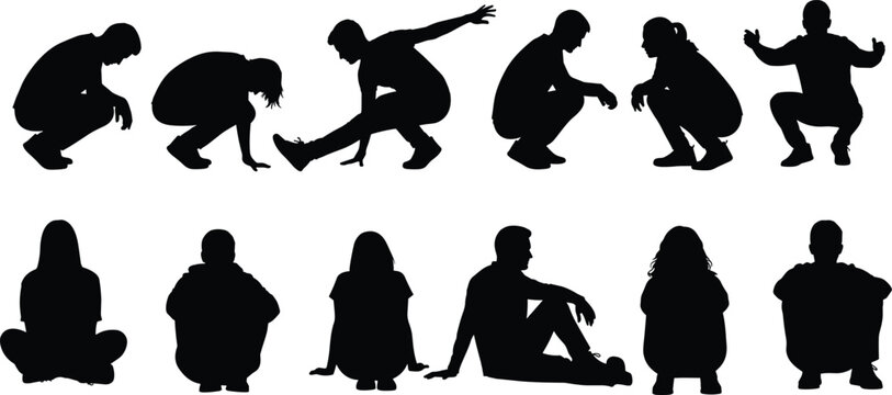 People squatting and sitting silhouettes collection, men and women in various low poses, black human figures isolated on white background, everyday lifestyle concept set