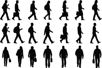 Fototapeta premium people walking silhouettes collection men and women carrying bags commuting poses set isolated on white background urban lifestyle illustration human activity concept
