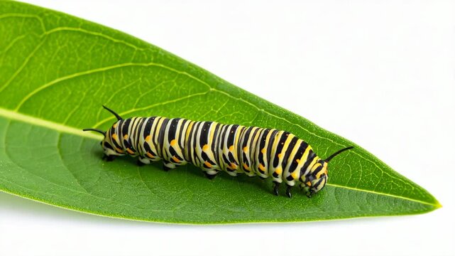 Monarch butterfly caterpillar with yellow and black stripes crawling on a bright green leaf over white