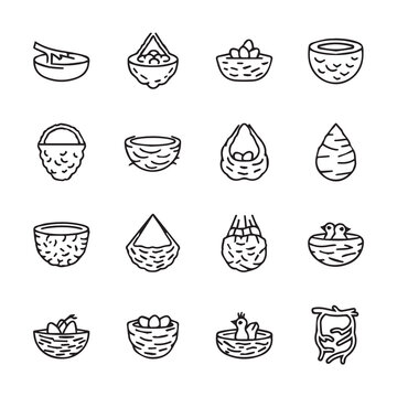 Bird Nests Collection Line Art Icons Various Shapes and Sizes Spring Theme