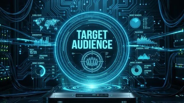 Target audience digital data visualization futuristic technology interface marketing analytics global demographics engagement behavioral trends market segments glowing blue neon holographic