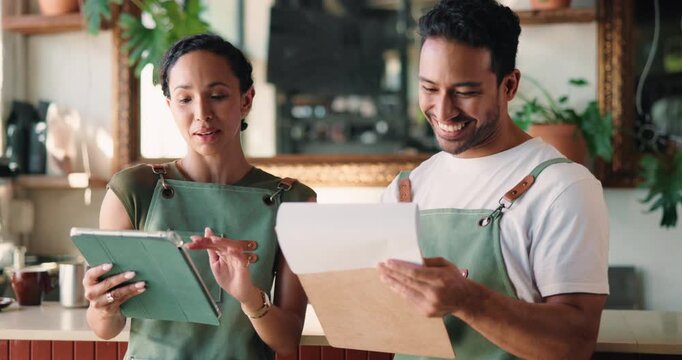Business owner, tablet and people in cafe, documents for price checklist and inventory management. Meeting, man and woman in restaurant, tech or paperwork for budget planning or discussion for profit