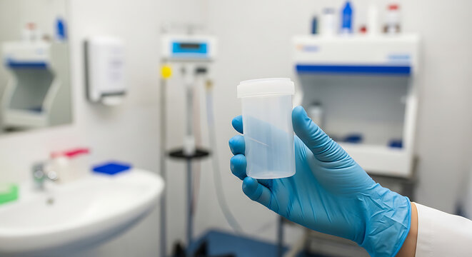 Close up of person hand holding empty sterile plastic specimen container bottle for stool collection in medical washroom background for health diagnostic testing analysis laboratory procedure