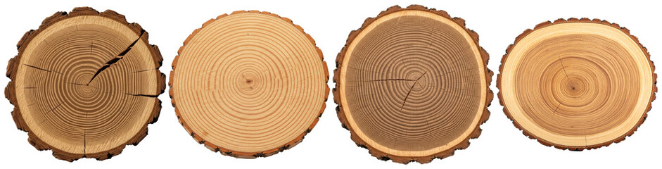 Detailed cross-sections of various tree trunks, revealing intricate growth rings and unique wood textures. © Food and Drink