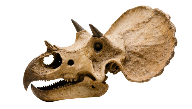 Isolated detailed ancient fossilized skull of a powerful Triceratops dinosaur species