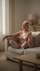 Fototapeta premium Senior Female Quietly Pondering Near Window, Mature Lady Seated Contemplating In Calm Evening Setting, Elderly Woman With Crossed Legs Gazing Thoughtfully Out Peaceful Window Scene