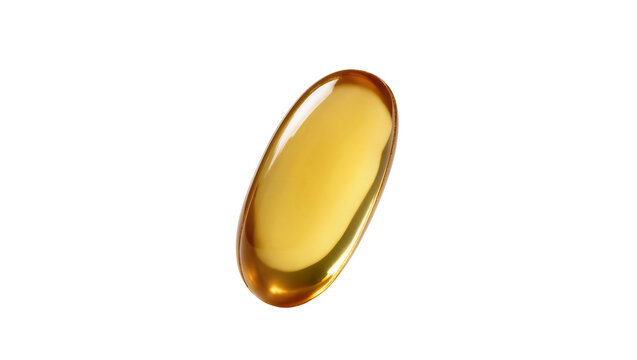 Isolated golden yellow translucent omega-3 fish oil softgel capsule for health and wellness