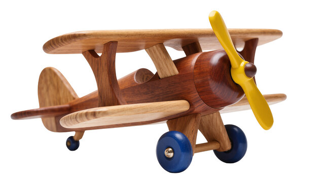 Isolated classic handcrafted wooden biplane toy with a bright yellow propeller and blue wheels.