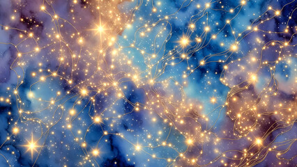 Obraz premium Abstract blue winter night background featuring glowing Christmas bokeh lights with sparkling stars and blurred snowflake particles for a festive holiday design