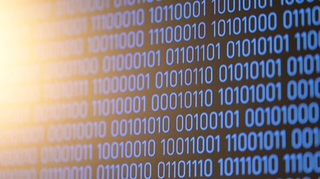 Blue binary code of zeros and ones on a black computer screen. Blue binary code flow of zeros and ones on a black monitor, representing digital data and programming