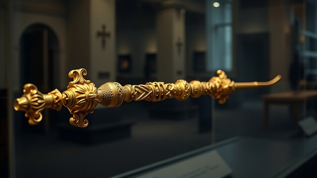 glaive. A ceremonial gilded glaive with carved shaft displayed in a museum. event programs, museum guides, designed for cultural heritage projects and event programs, preserves heritage.