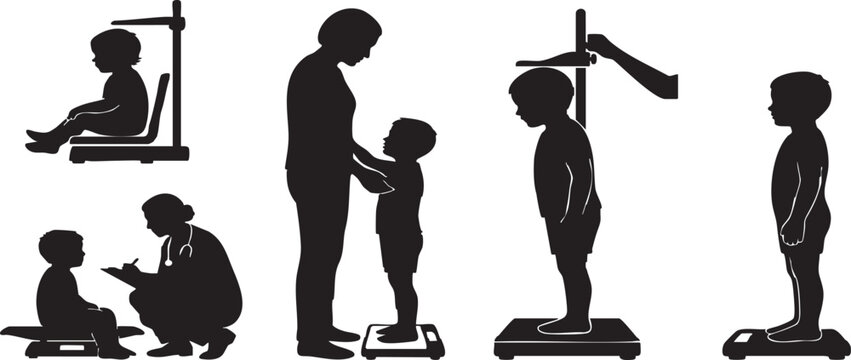 Pediatric Growth Check Vector Silhouette Set Child Height and Weight Measurement Clinic Icons