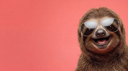 Naklejka premium Smiling sloth wearing stylish aviator sunglasses on coral red background with copy space