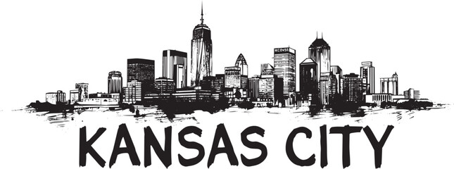 Kansas city skyline illustration featuring urban landscape with iconic buildings skyscrapers in artistic black ink sketch style © Bakalia